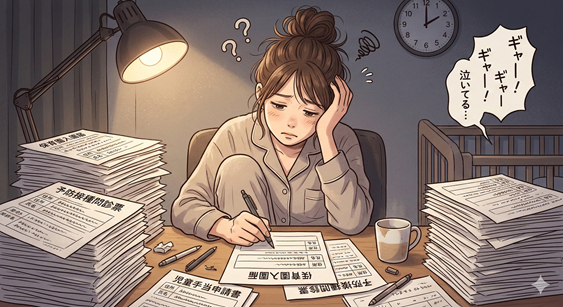 保育園の入園準備で山積みの手書き書類に対応する大変さを表すイメージ