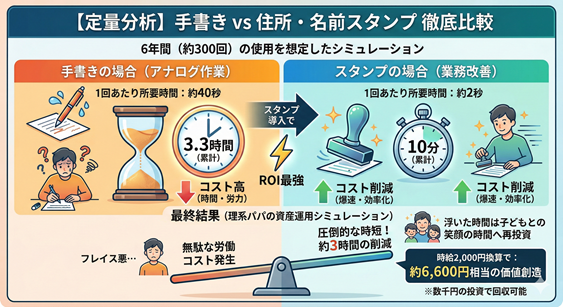 手書きと住所スタンプの作業時間および時給換算コストの比較グラフ
