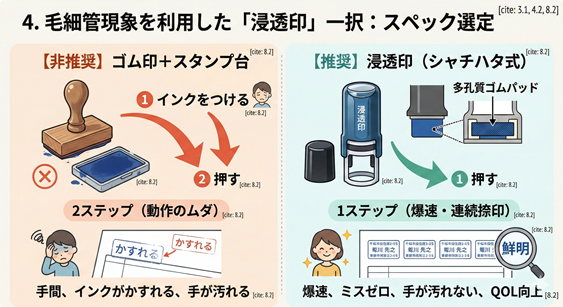 ゴム印と浸透印（シャチハタ式）の構造および利便性の比較